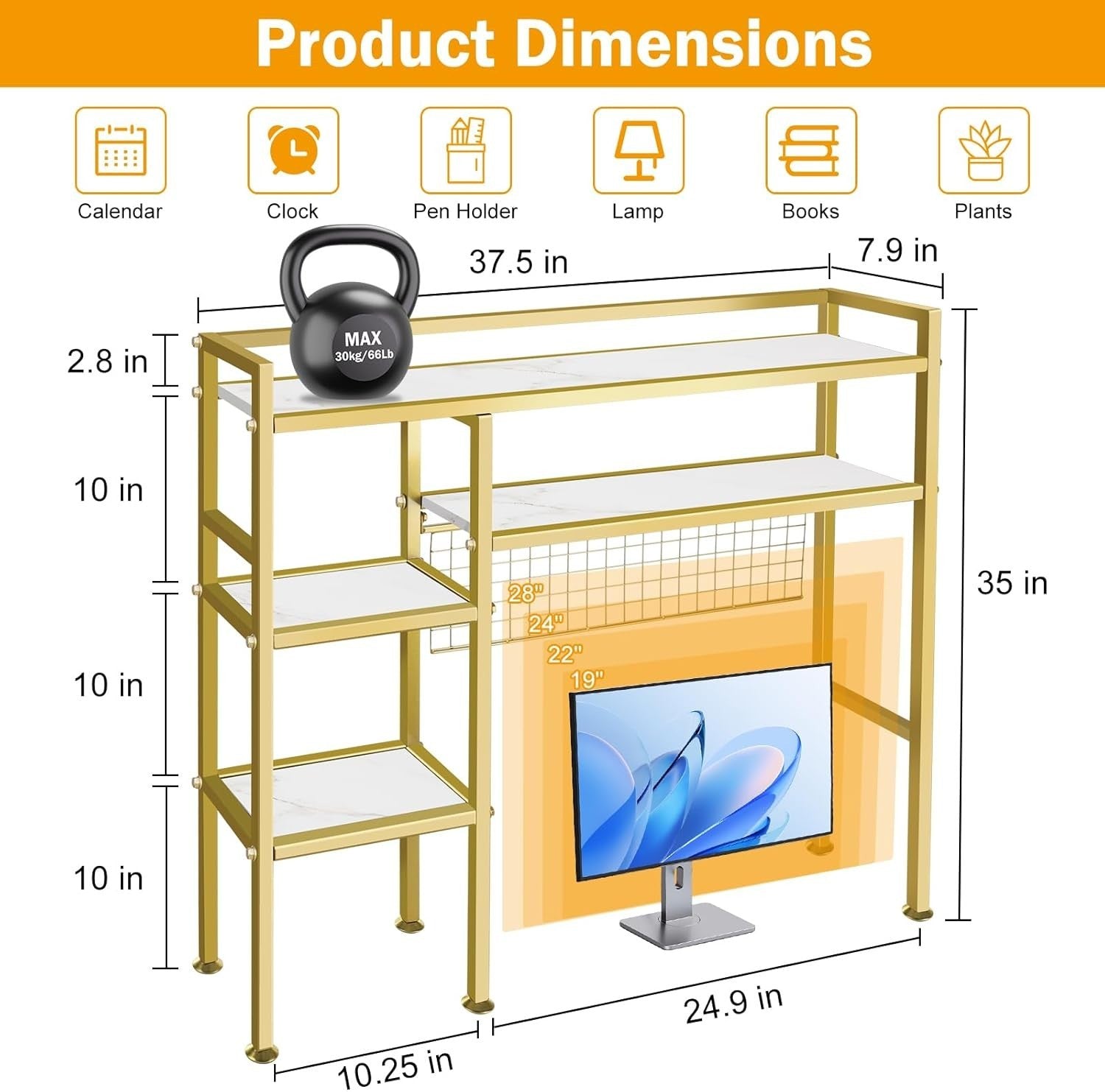 37.5" Gold Metal Desk Hutch Shelf | 4-Tier Desktop Organizer Rack for Monitor