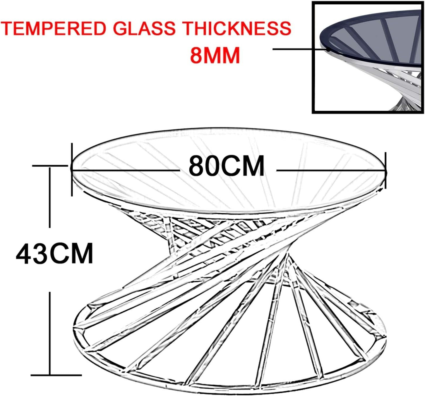 Silver Round Coffee Table 80cm Tempered Glass Modern Steel Living Room
