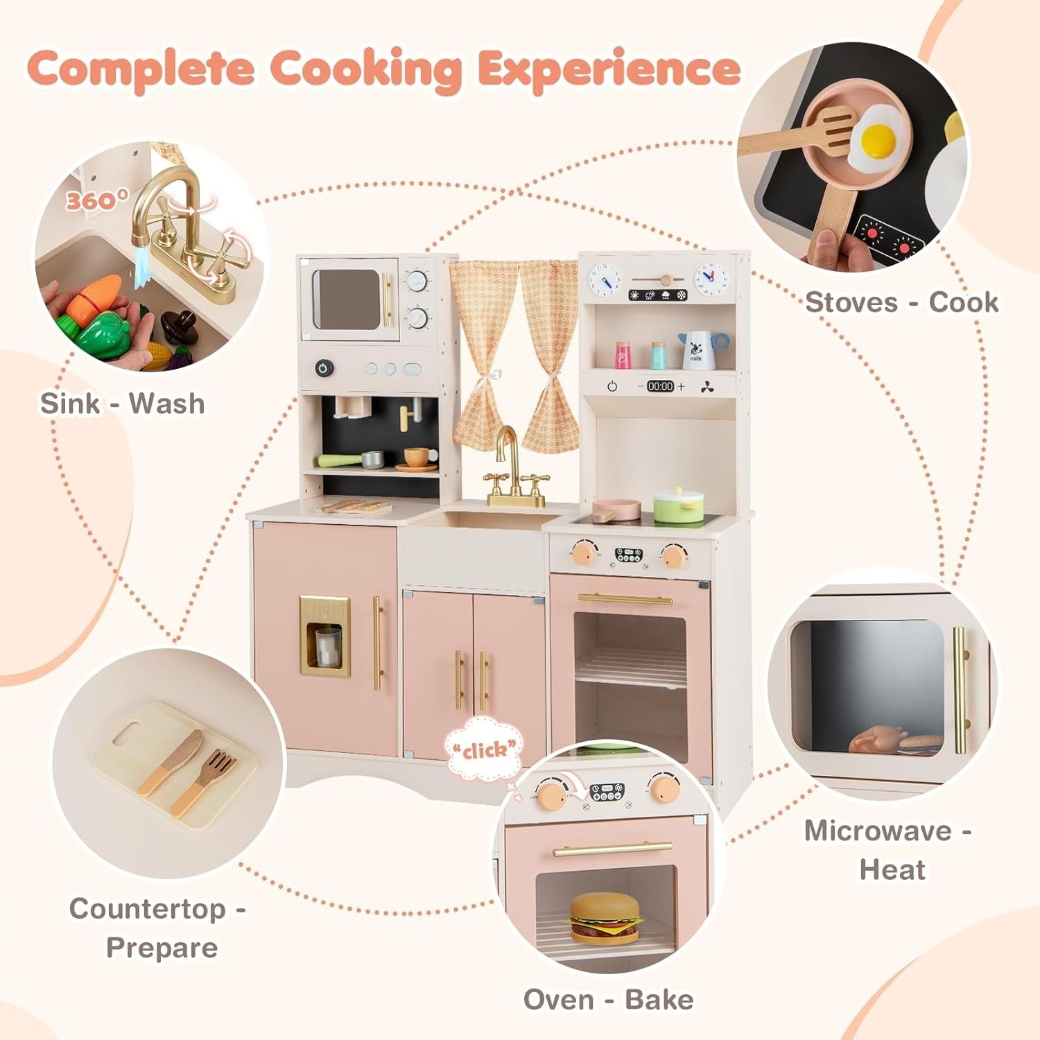 Kids Wooden Play Kitchen Pink w/ Ice Maker Microwave 17 Accessories