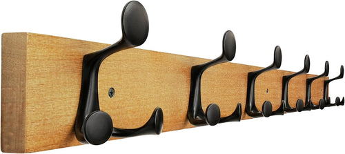 Light Brown Wood Wall Coat Rack 6 Triple Hooks | 99cm Modern Hanging Rail