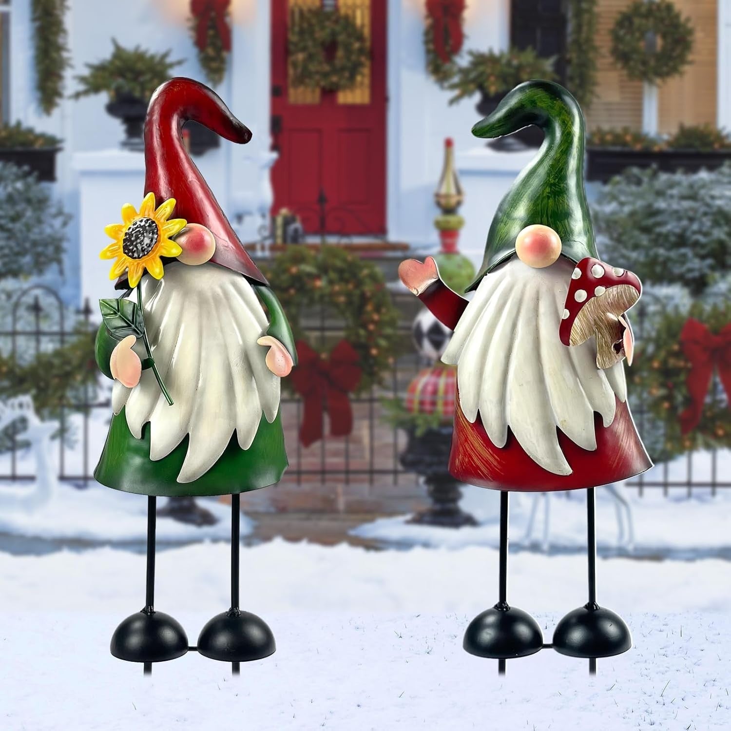 18" Metal Gnome Garden Ornaments Outdoor Xmas Decor Set of 2 Holiday Yard Statue