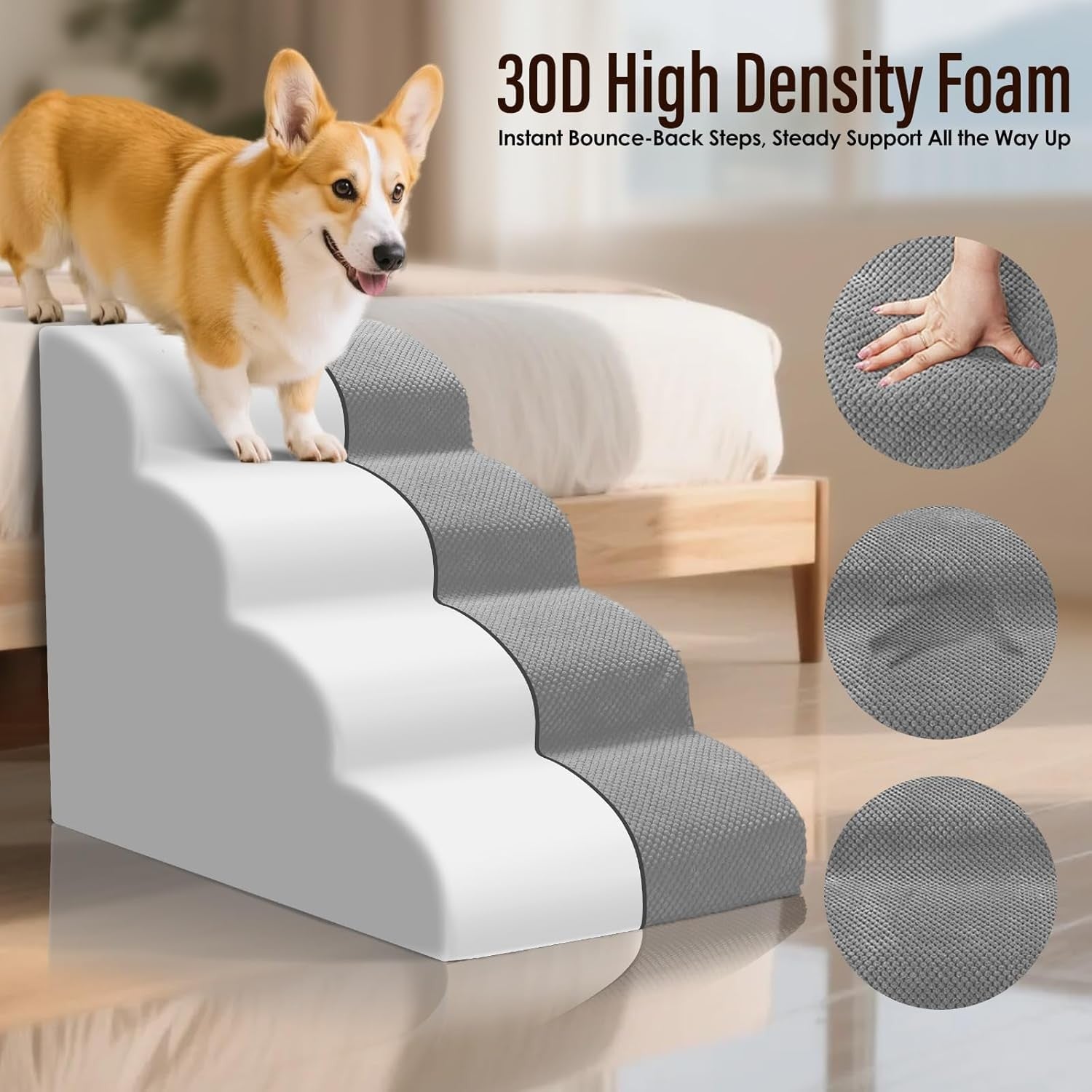 Grey 4 Step Dog Ramp Stairs 30D Foam Non Slip 73x40x51cm