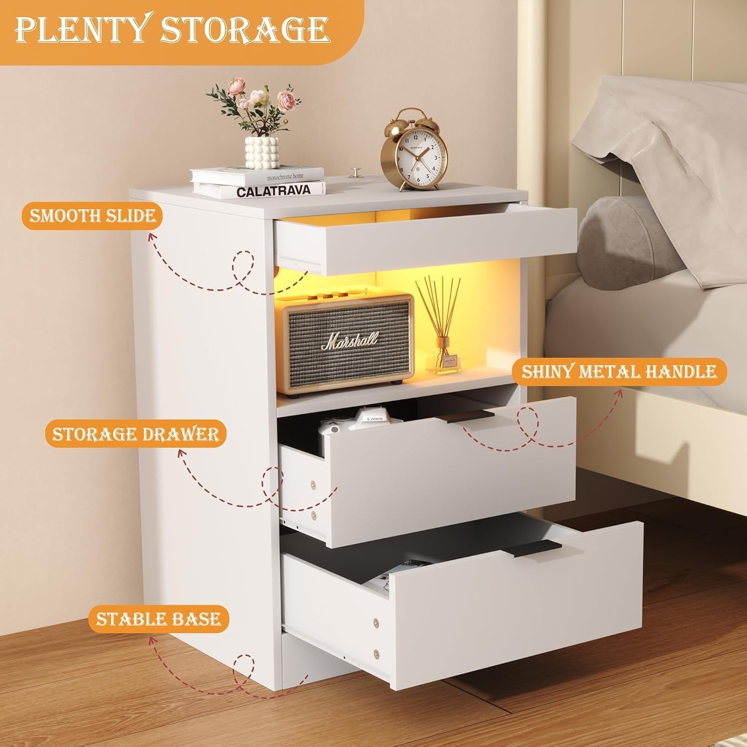 White LED Nightstand with Charging Station – 2 USB Ports, Power Outlets & Drawer
