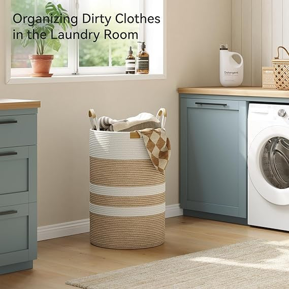 75L Foldable Woven Laundry Basket with Leather Handles Large Striped Hamper