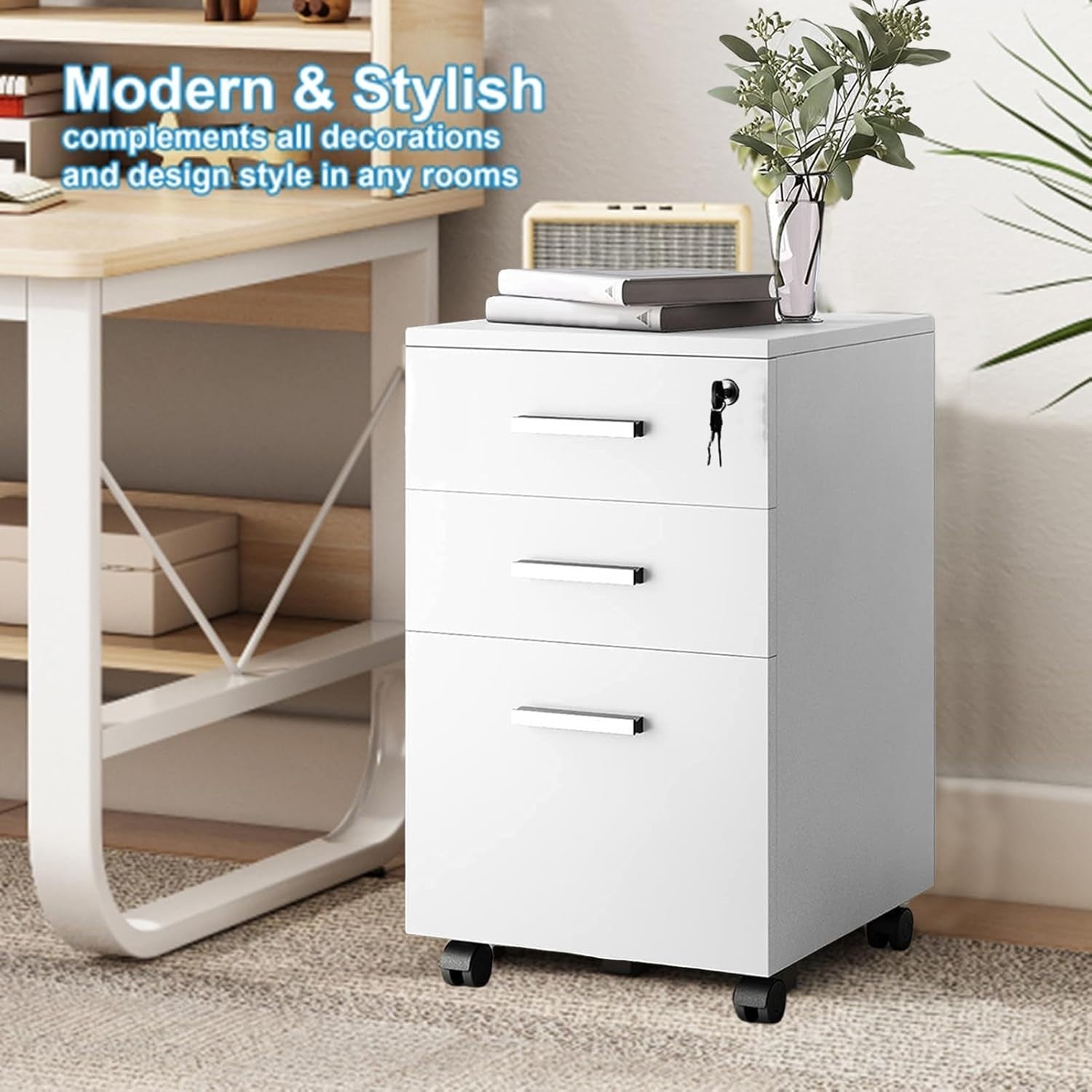 Locking Rolling File Cabinet 3 Drawer Under Desk Office Storage Unit