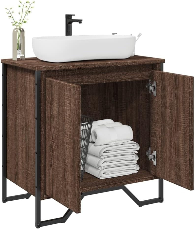 Brown Oak Bathroom Vanity Unit – 2 Door Under Sink Storage Cabinet 60x60cm