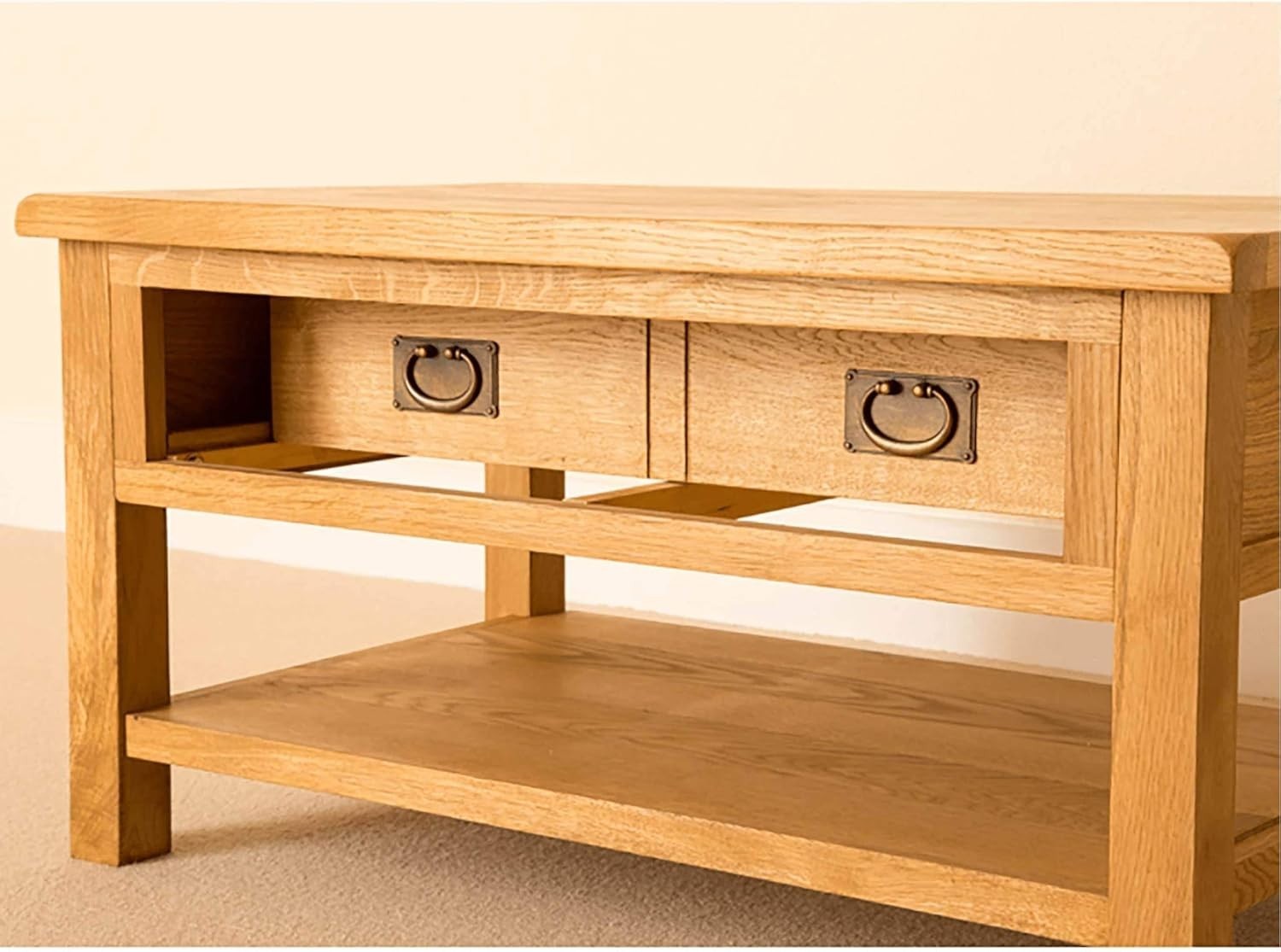Rustic Oak Coffee Table with Storage Drawer & Shelf – Sturdy Solid Wood 90x55x47