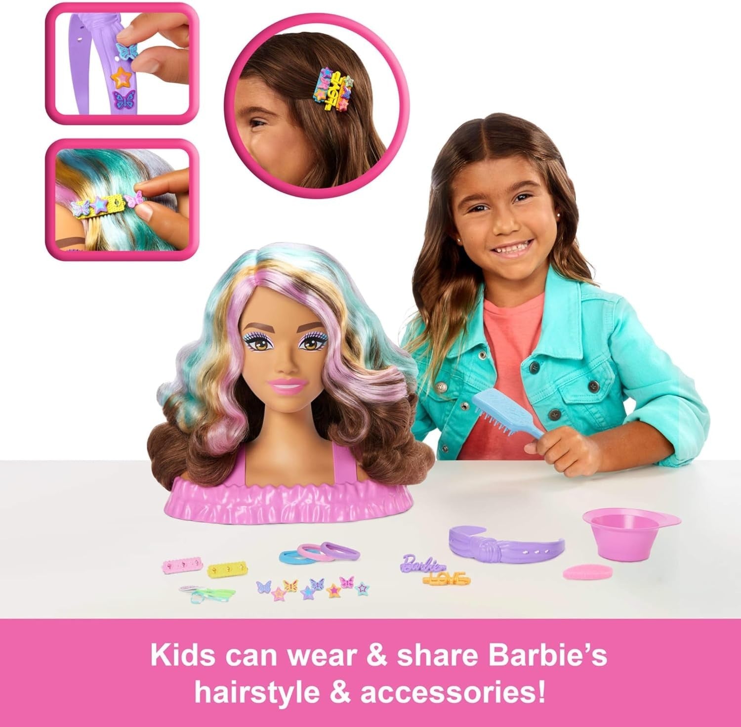 Kids Hair Styling Doll Head Dark Brown Hair w/ 20+ Accessories Color Change