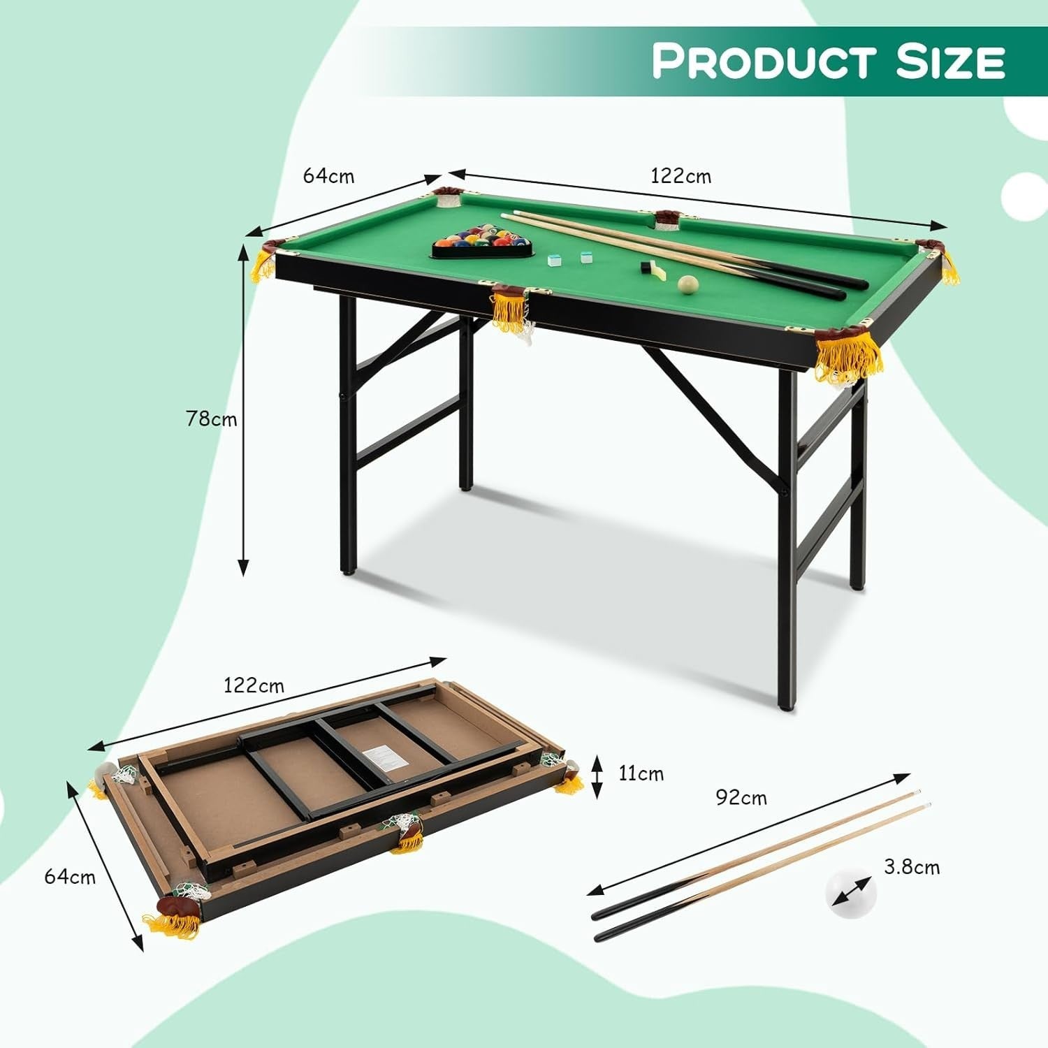 4FT Folding Pool Table Portable Billiards Set w Cues Balls Chalk