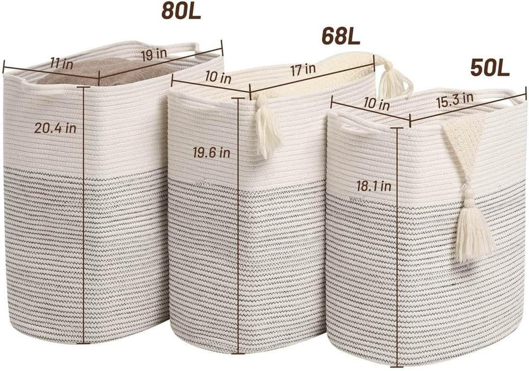 80L Tall Woven Cotton Laundry Basket with Handles Large Rope Hamper White