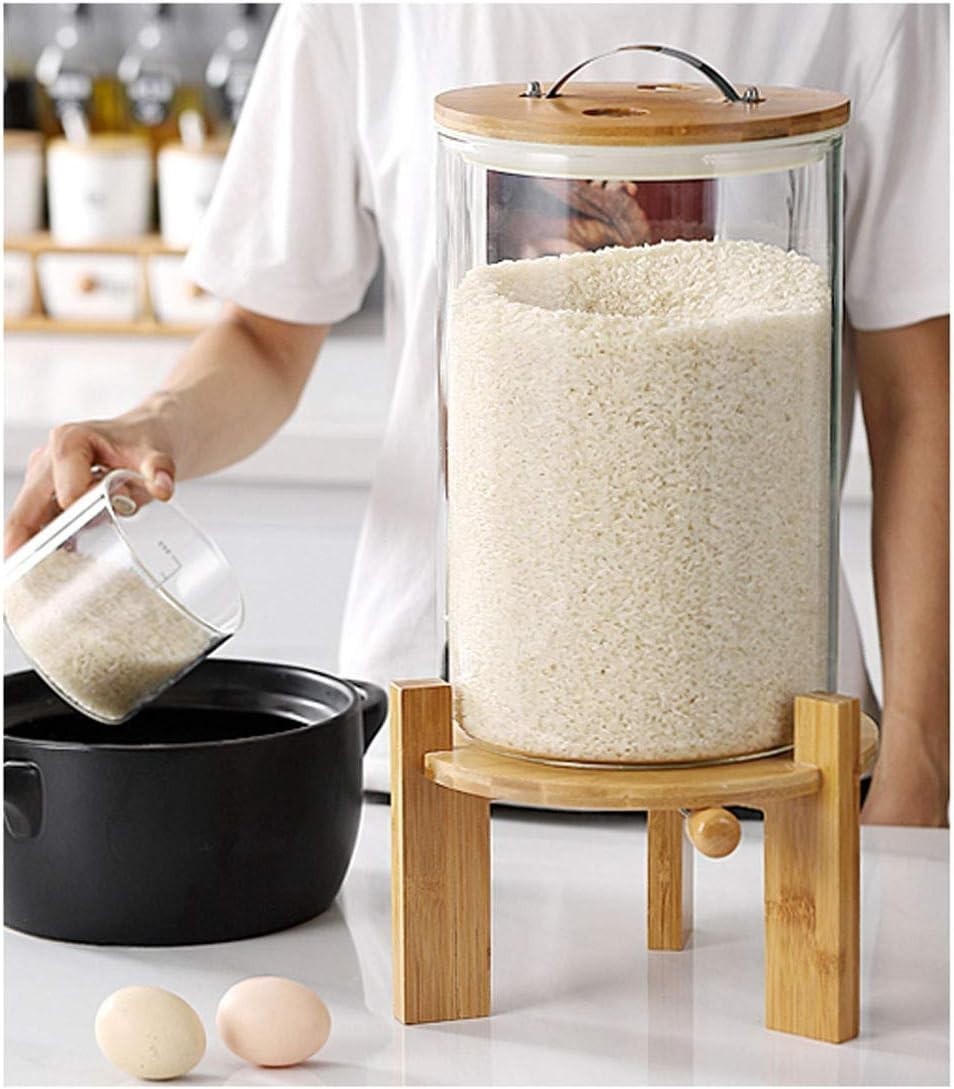 8L Glass Flour Cereal Container Airtight Rice Dispenser w Wooden Stand