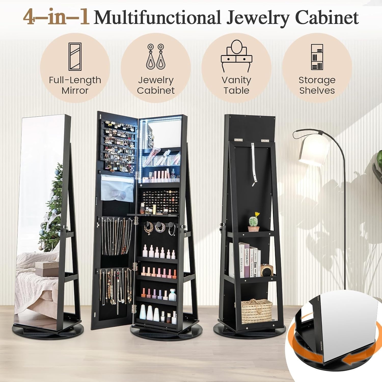 Black Rotating Jewelry Organizer LED Full Mirror Lockable Storage Unit