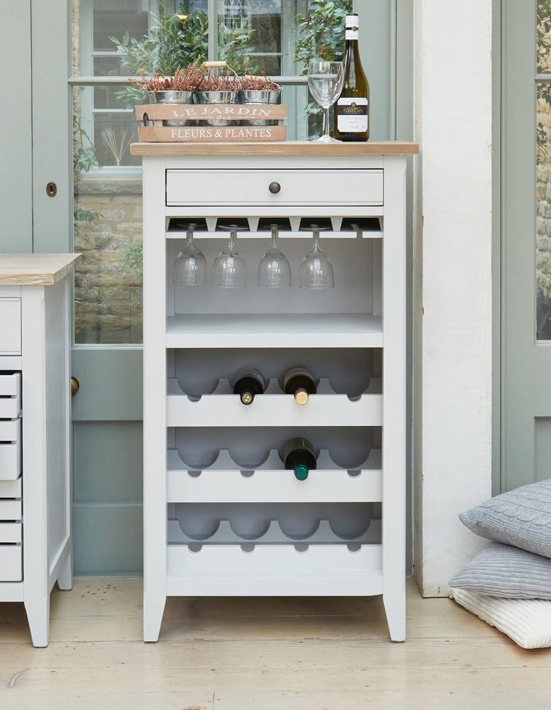 Solid Wood Wine Rack Cabinet with Glass Storage Drawer Distressed Grey Top