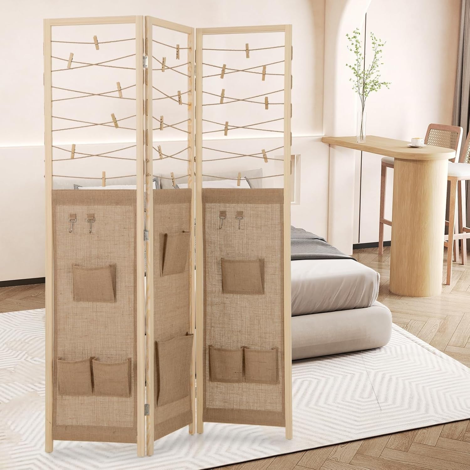 3 Panel Fabric Folding Room Divider with Hooks & Storage Pockets 120x170cm