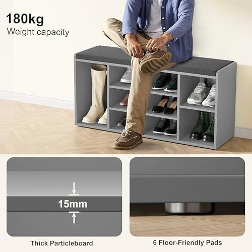 Grey Shoe Storage Bench with Cushion Seat 9 Cubes Adjustable Shelves Entryway