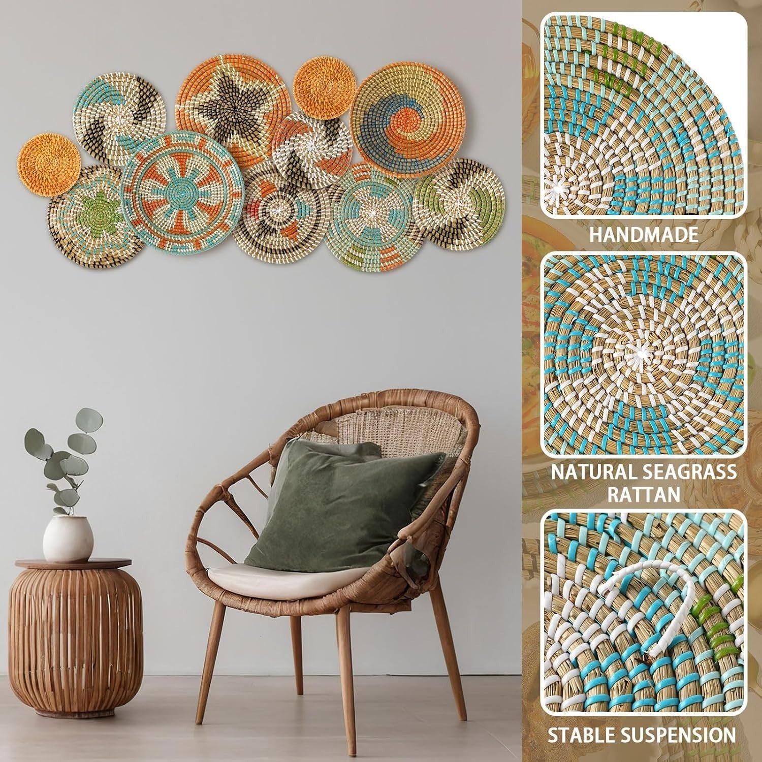 11PCS Boho Woven Wall Baskets Round Farmhouse Decor Multi Sizes