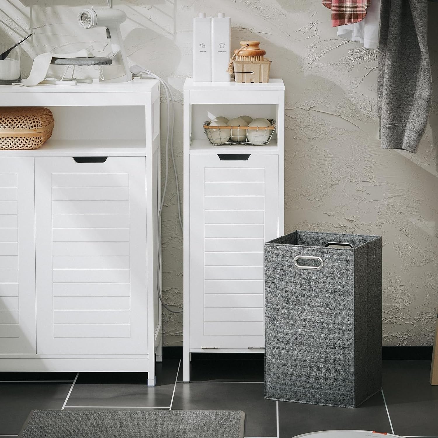Slim Bathroom Laundry Cabinet 90cm Tall with Flip-Out Hamper & Storage Shelf