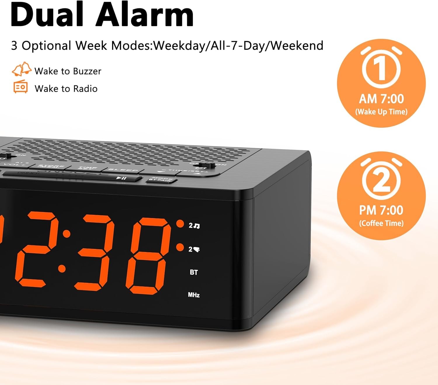 Digital Alarm Clock FM Radio Bluetooth Dimmable LED Dual Alarm