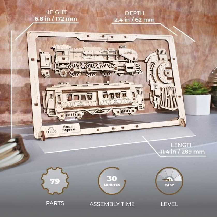 Wooden 3D Steam Train Puzzle Kit with Movable Wheels – DIY Decor