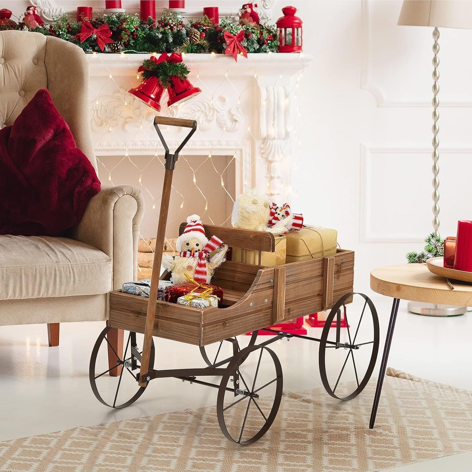 4-Wheel Wooden Garden Wagon & Brown Planter Cart w/ Handle for Outdoor Plants