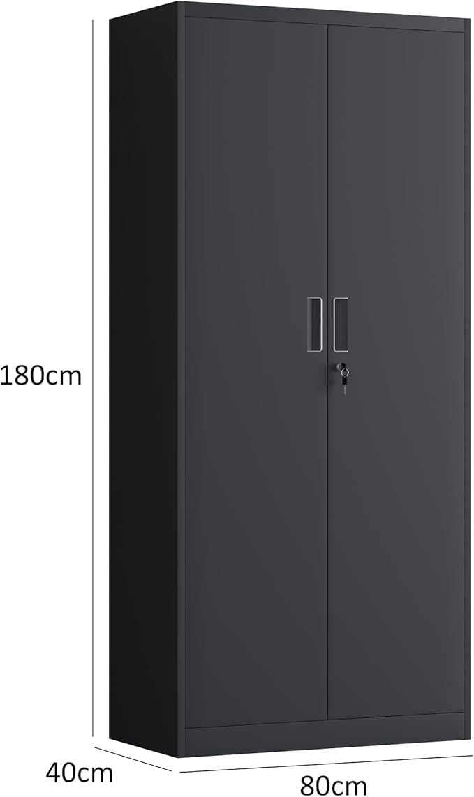 Tall Black Metal Storage Cabinet with Lockable Doors & 4 Adjustable Shelves