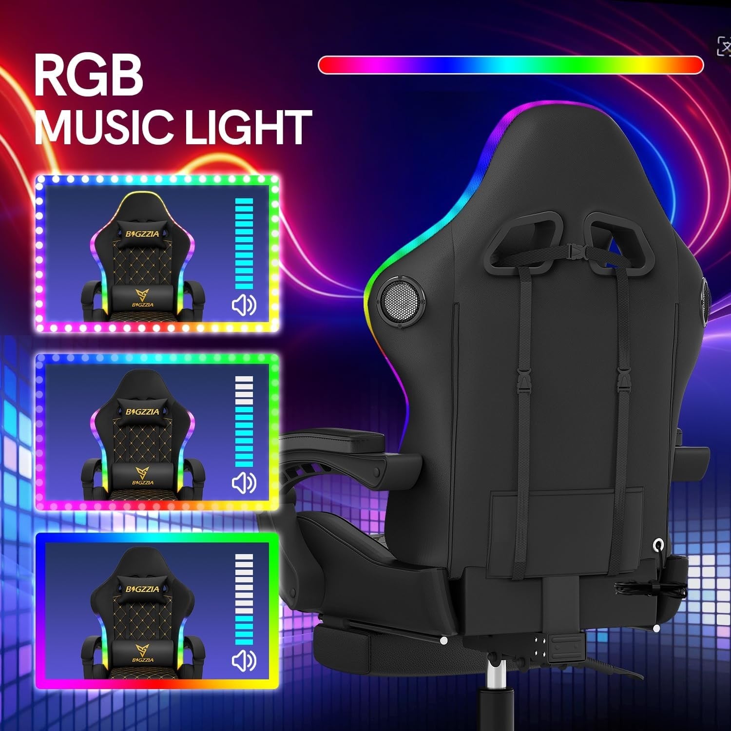 Gaming Chair with Bluetooth LED Lights Recliner Footrest