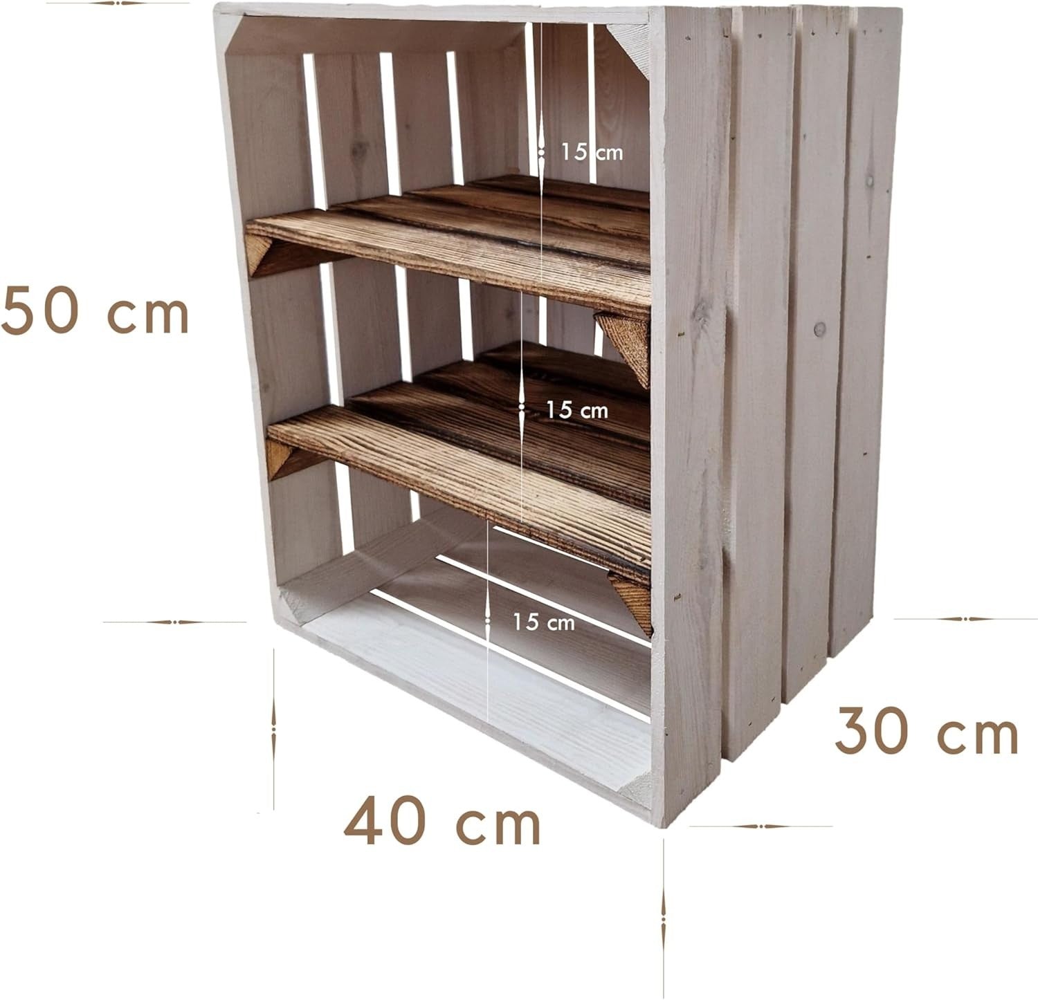 Single-Tier Burnt White Wooden Crate Storage Shelf Organizer 50x40x30cm