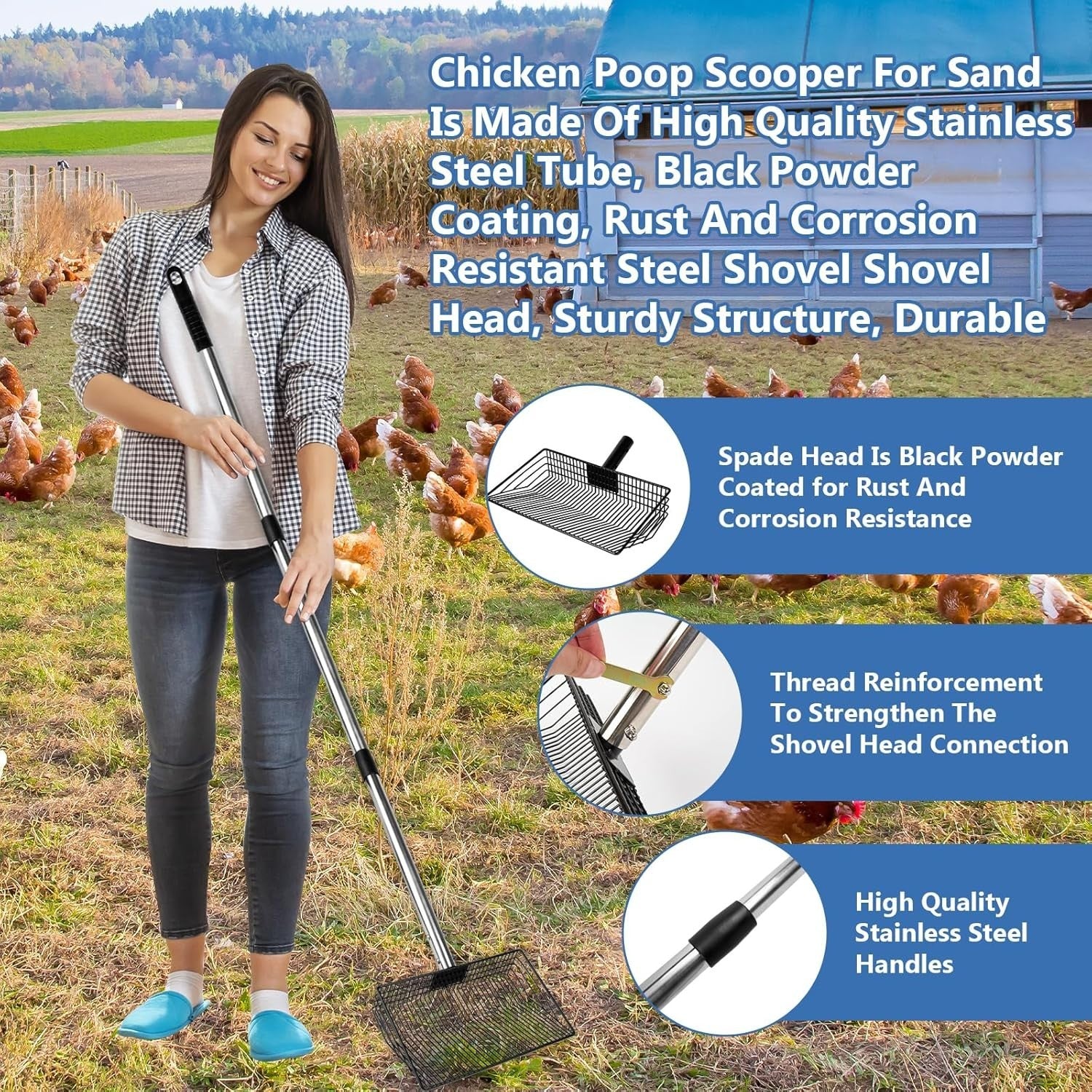 10in Metal Chicken Poop Scooper Adjustable 64in Handle