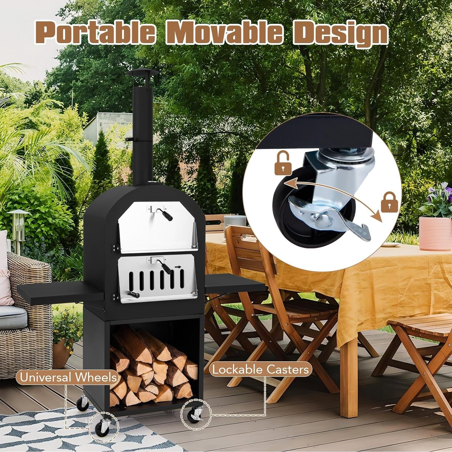 Outdoor Wood-Fired Pizza Oven | BBQ Grill w/ Side Shelves, Thermometer & Cover