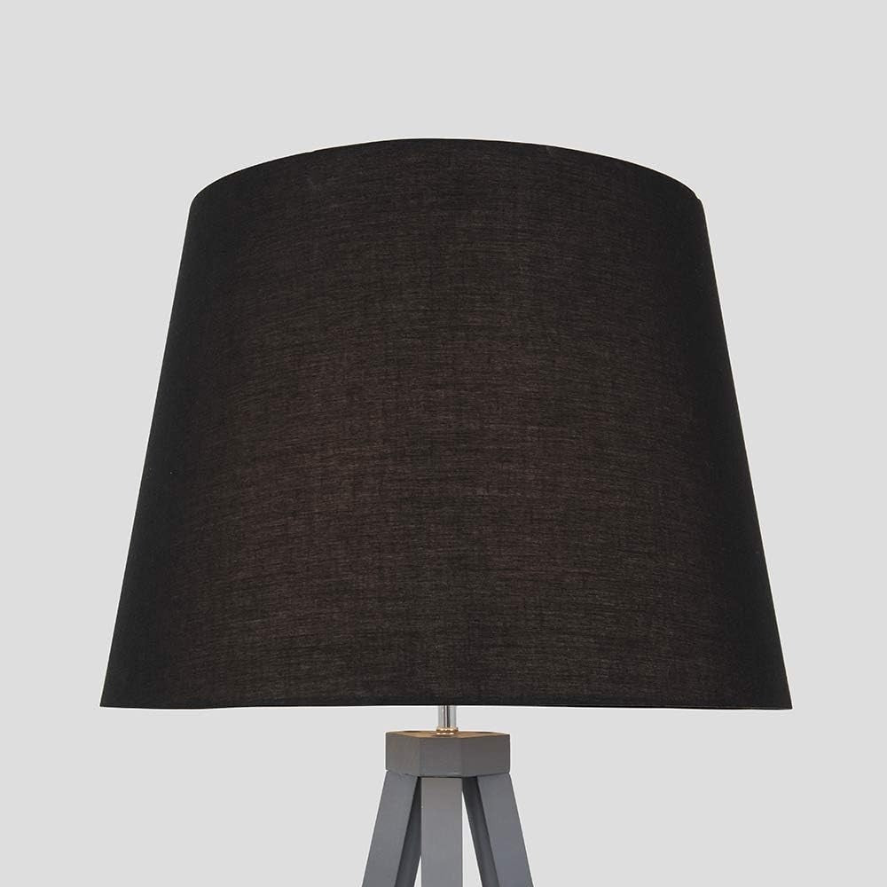 Grey Wooden Tripod Floor Lamp Black Tapered Shade Living Room Light