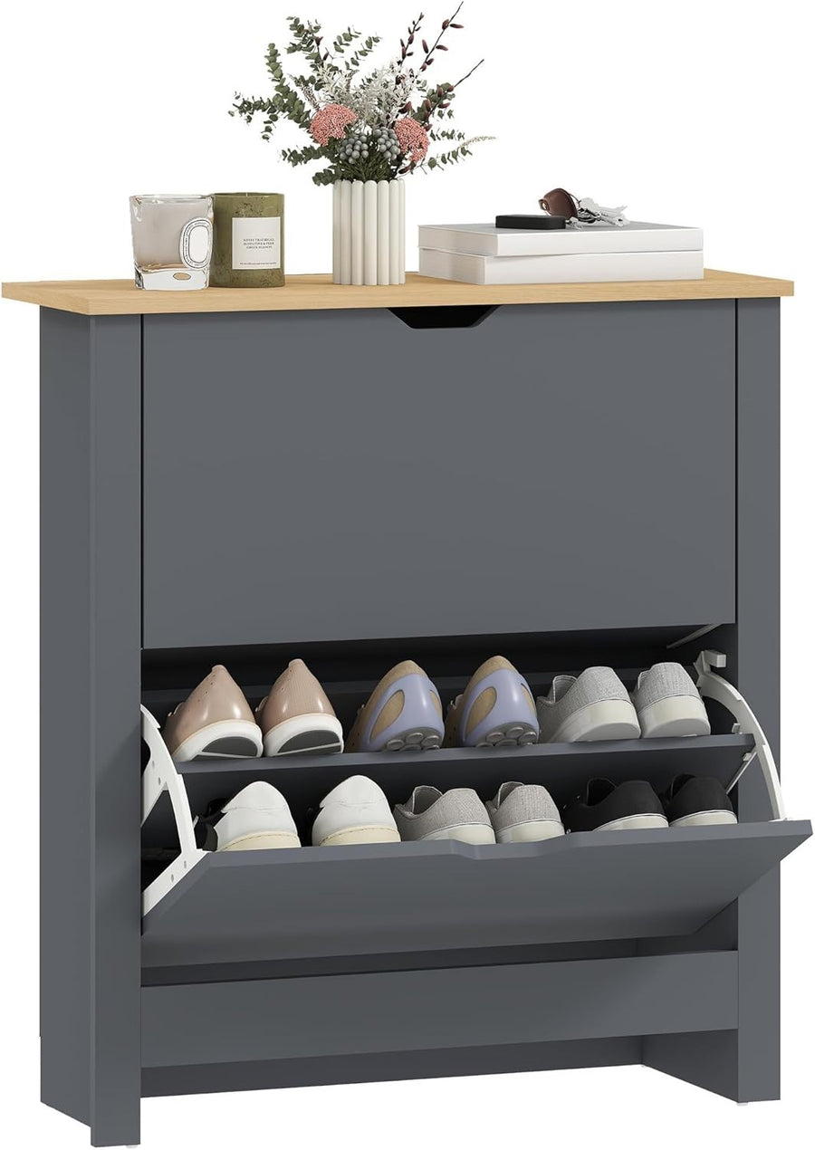 Space Saving Narrow Shoe Cabinet 2 Flip Drawers Adjustable Shelves Charcoal