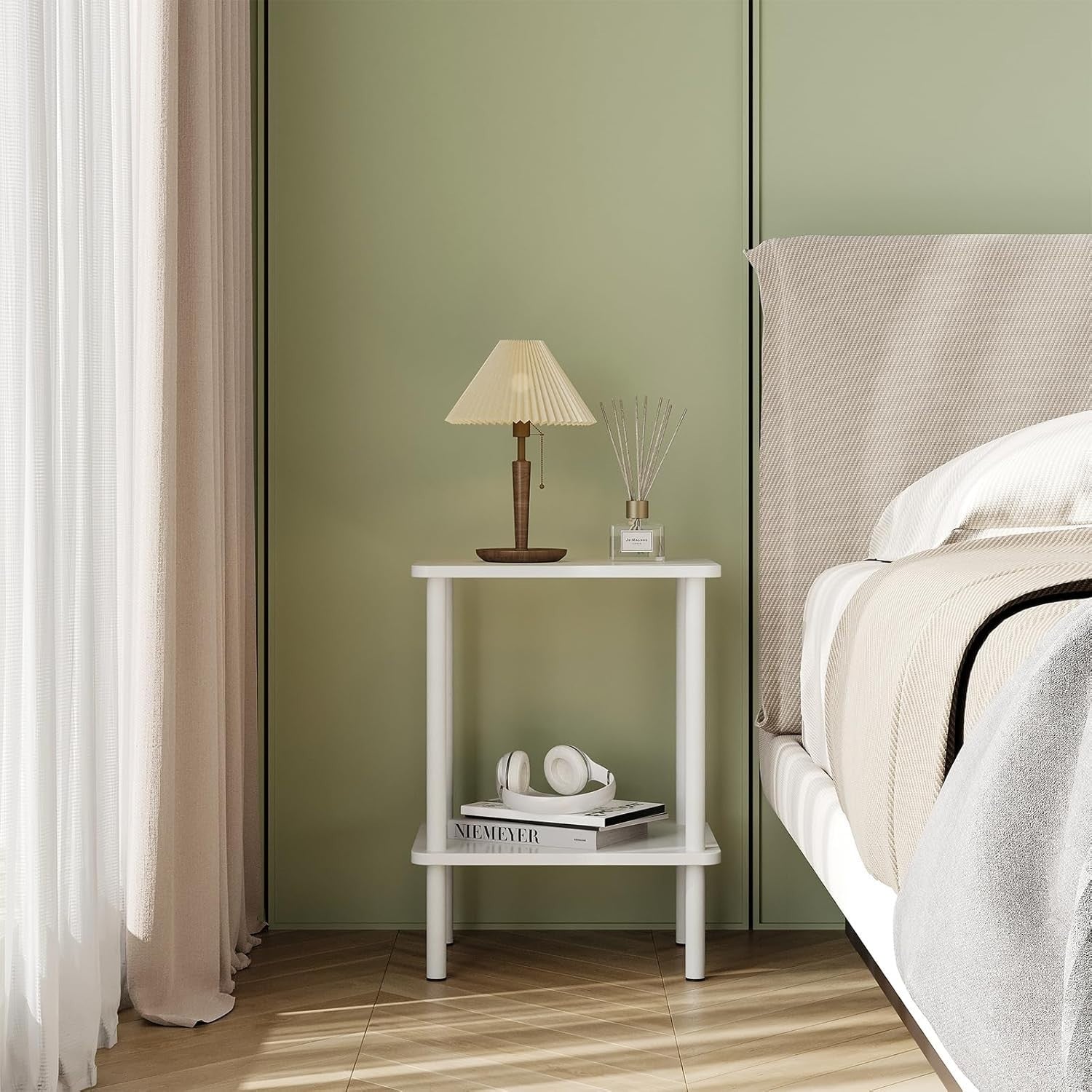 Set of 2 Narrow 2-Tier White Side Tables – Small Space Bedside Storage