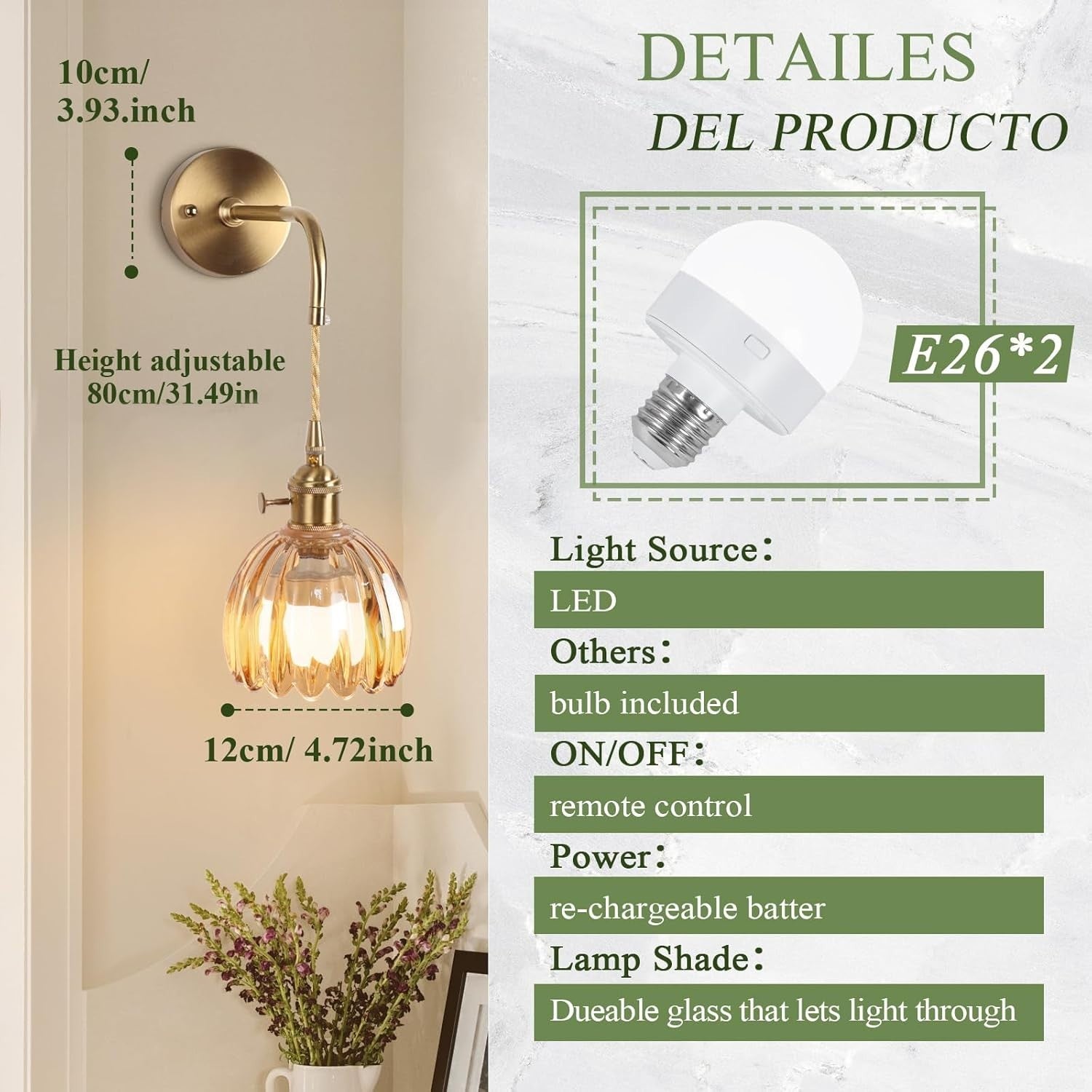Vintage Battery Operated Wall Sconces with Dimmable Amber Tulip Glass & Remote