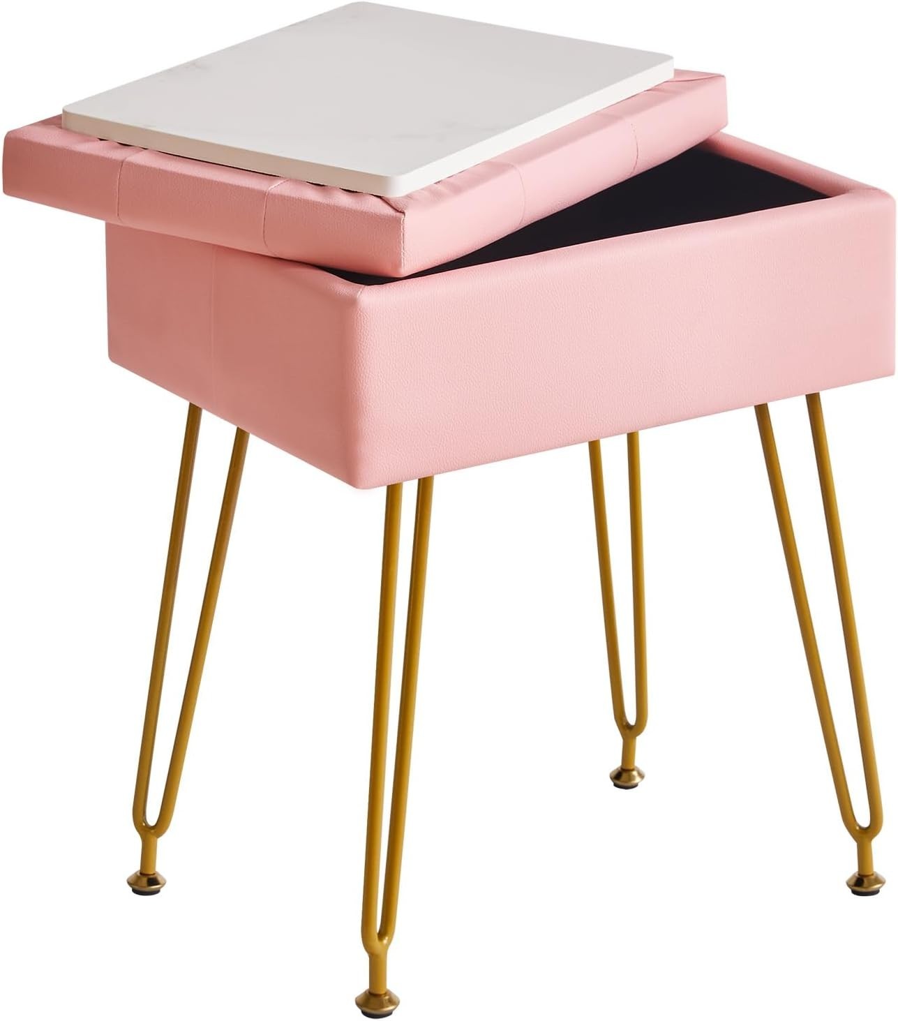 Pink PU Leather Vanity Stool with Storage & Flip Tabletop – Adjustable Legs
