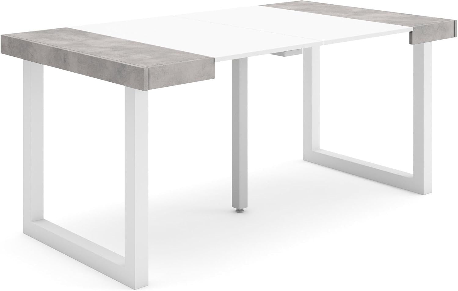 Extendable Folding Dining Table for 8, Matte White & Concrete, Solid Legs