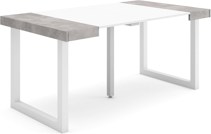 Extendable Folding Dining Table for 8, Matte White & Concrete, Solid Legs