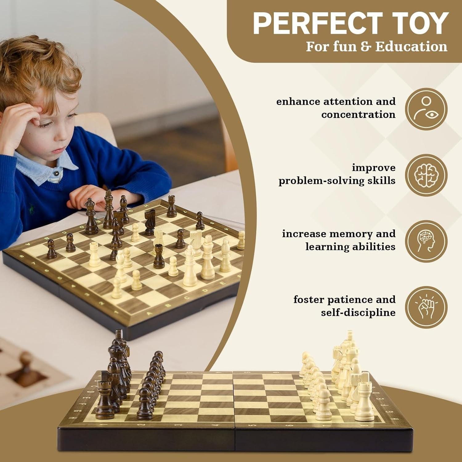 Luxury Magnetic Chess & Draughts Set 15" Foldable Walnut Board w/ Extra Queens