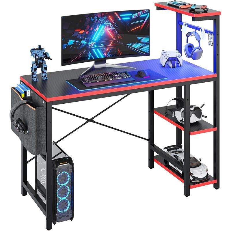 Gaming Desk 113CM LED Lights Shelves Reversible PC Table with Storage Bag