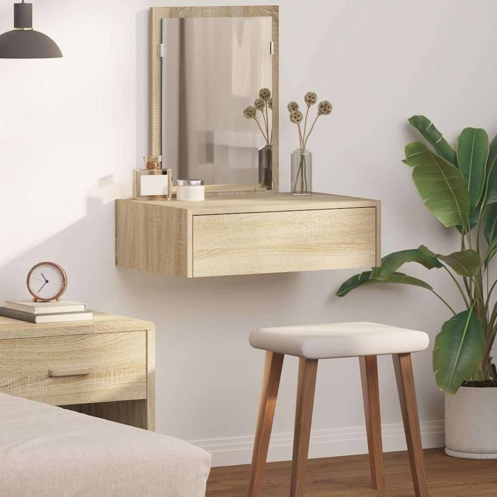Modern Floating Vanity Makeup Desk Drawer Storage Wall Mounted Sonoma Oak