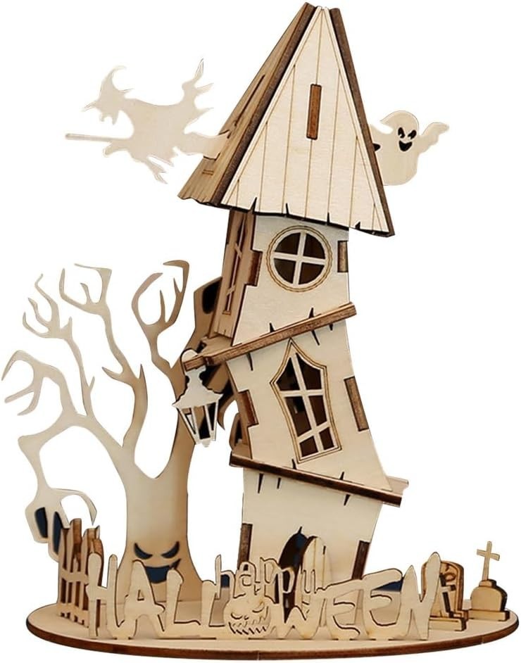 3D Wooden Halloween House Puzzle Kit for Adults – Haunted DIY Decor Gift