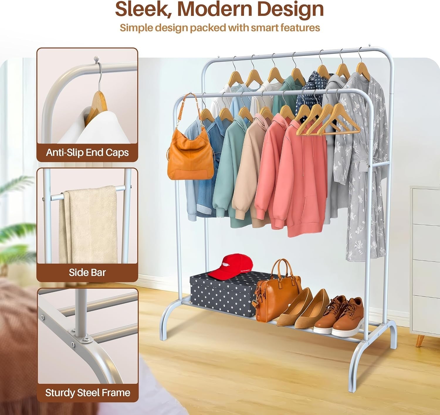 Heavy Duty Double Clothes Rail with Shoe Shelf - White