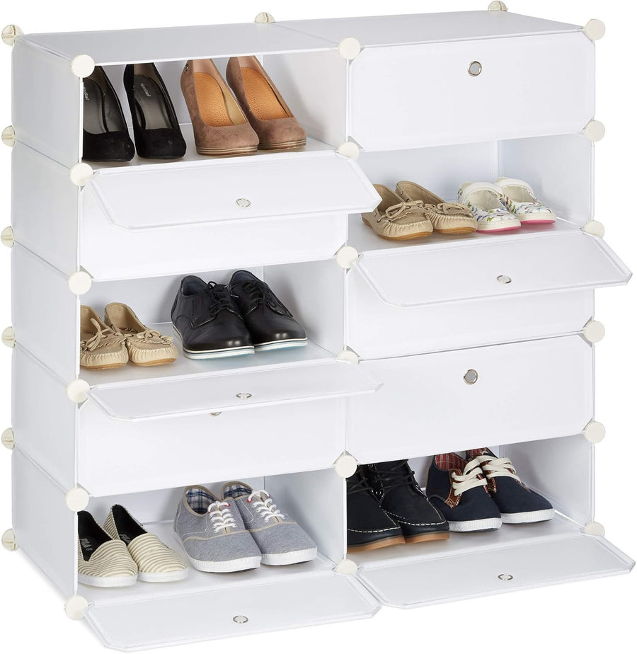 Wide 10 Tier Shoe Rack White – Stackable Plastic Cabinet 94cm Wide