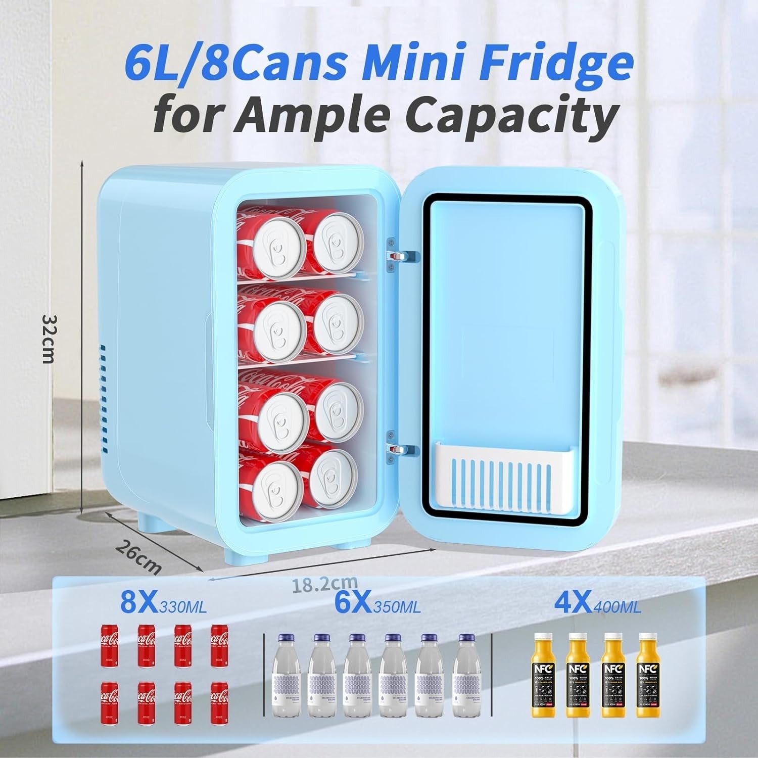 6L Mini Fridge Portable AC/DC Cooler Warmer Bedroom Skincare Blue