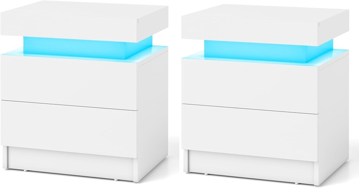 Set of 2 White LED Bedside Tables with 2 Drawers, Remote Control Lights & Gloss