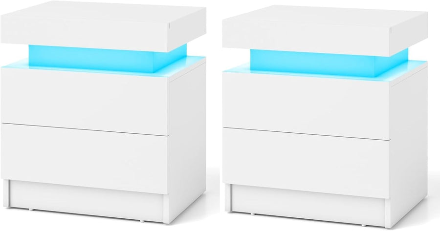 Set of 2 White LED Bedside Tables with 2 Drawers, Remote Control Lights & Gloss