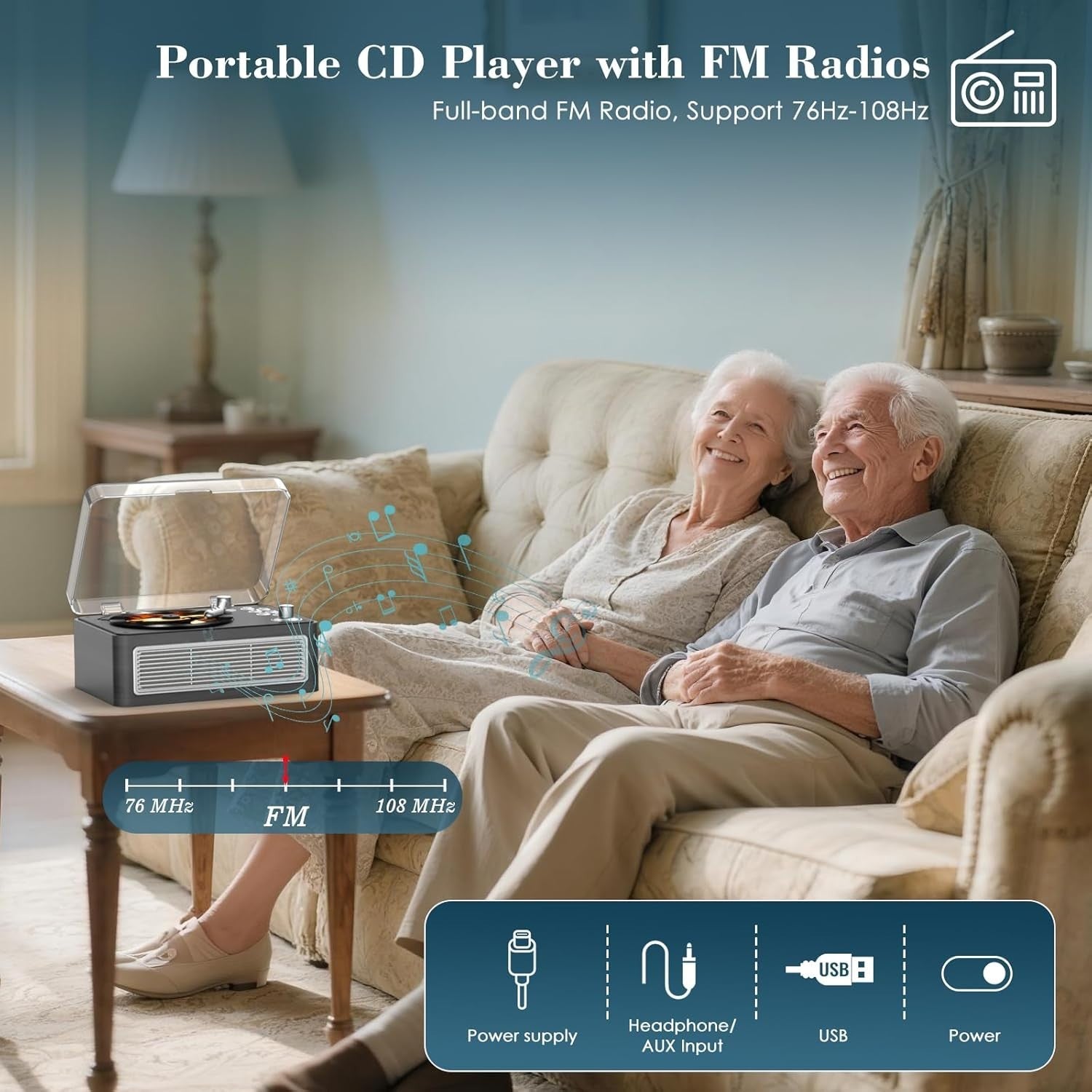 Retro Bluetooth CD Player FM Radio USB AUX HiFi Speakers Ebony