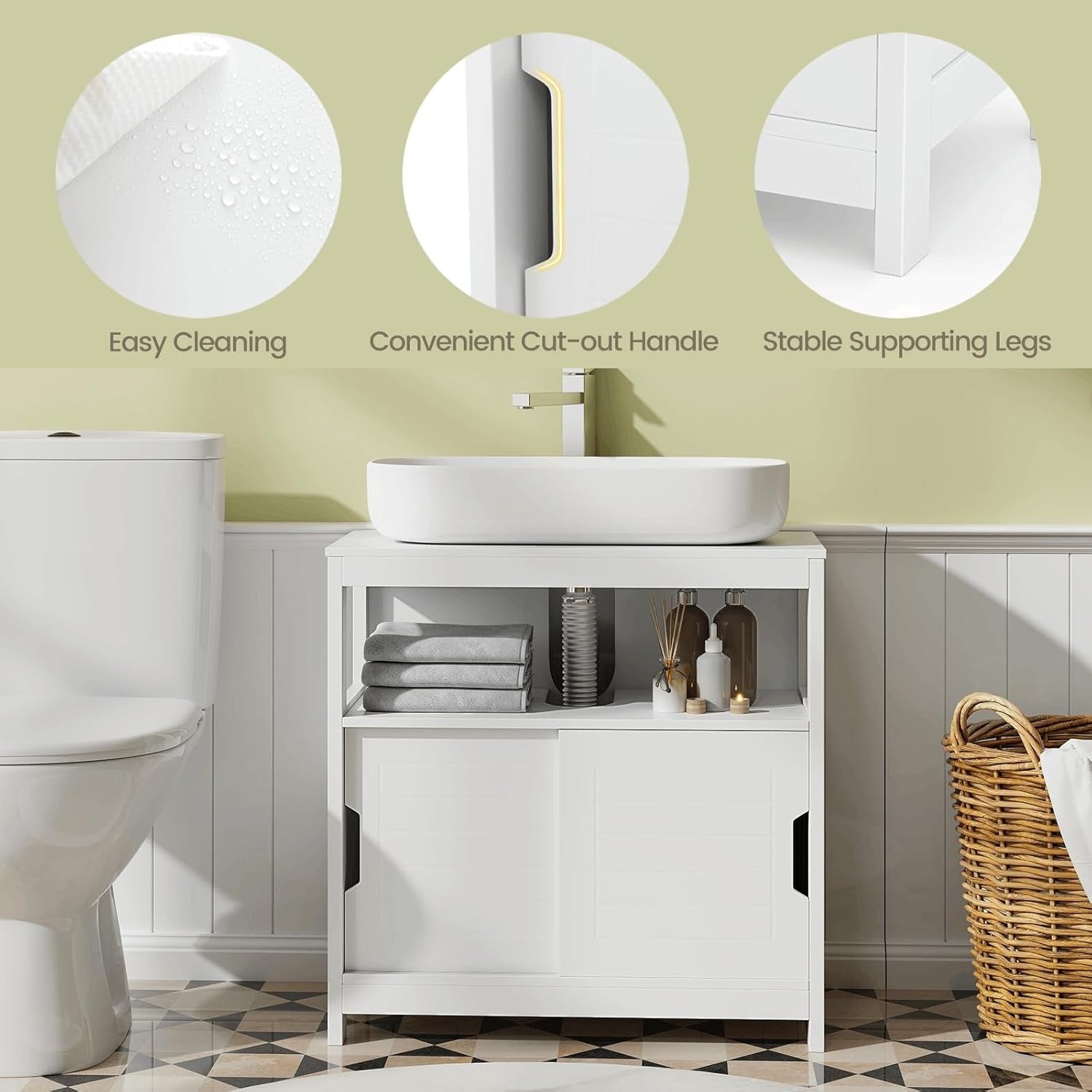 White Under Sink Bathroom Cabinet – Sliding Door Vanity Storage Unit 60x60cm