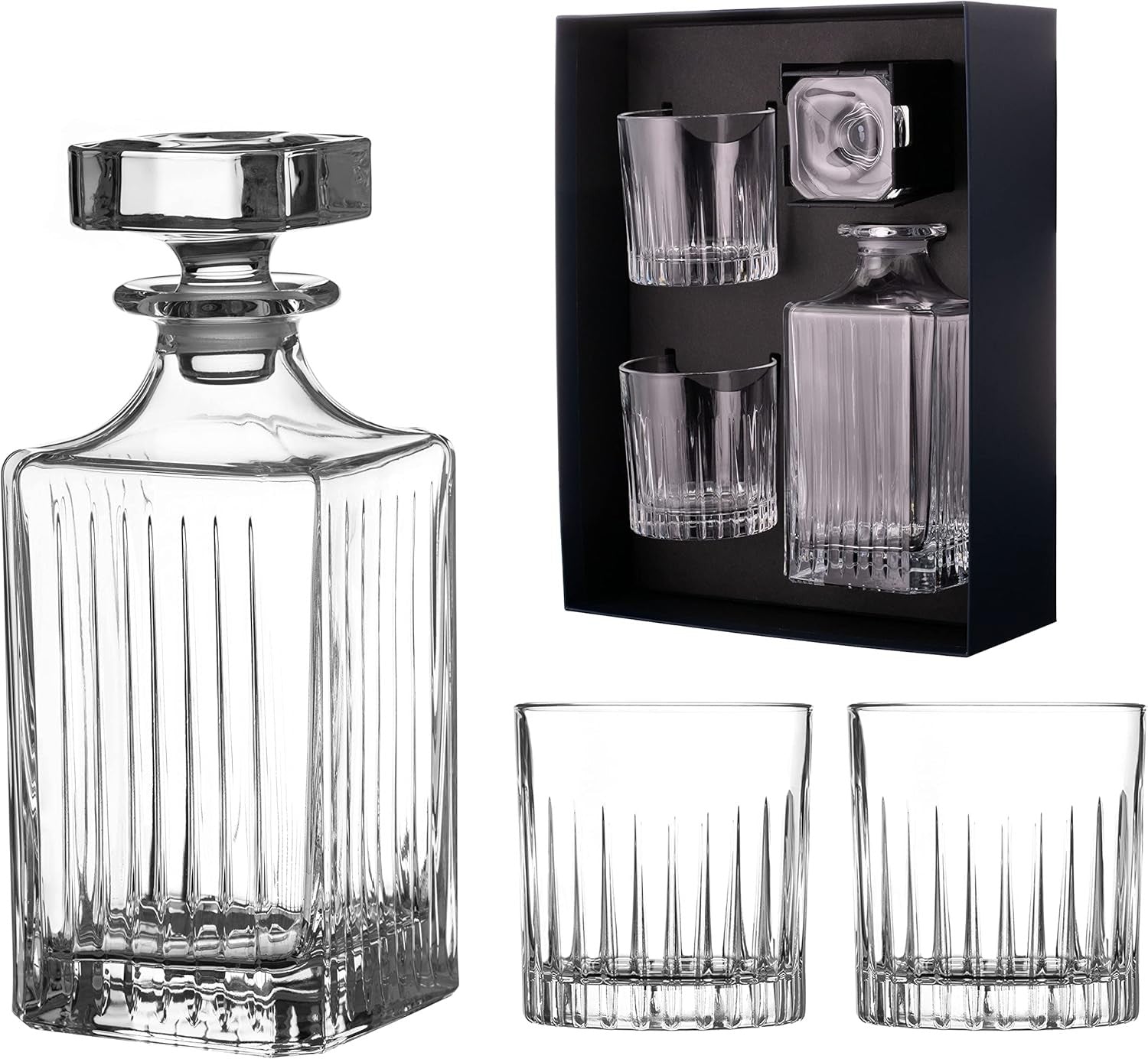 Luxury 3-Piece Whisky Decanter & Crystal Tumblers Set in Satin Gift Box 750ml