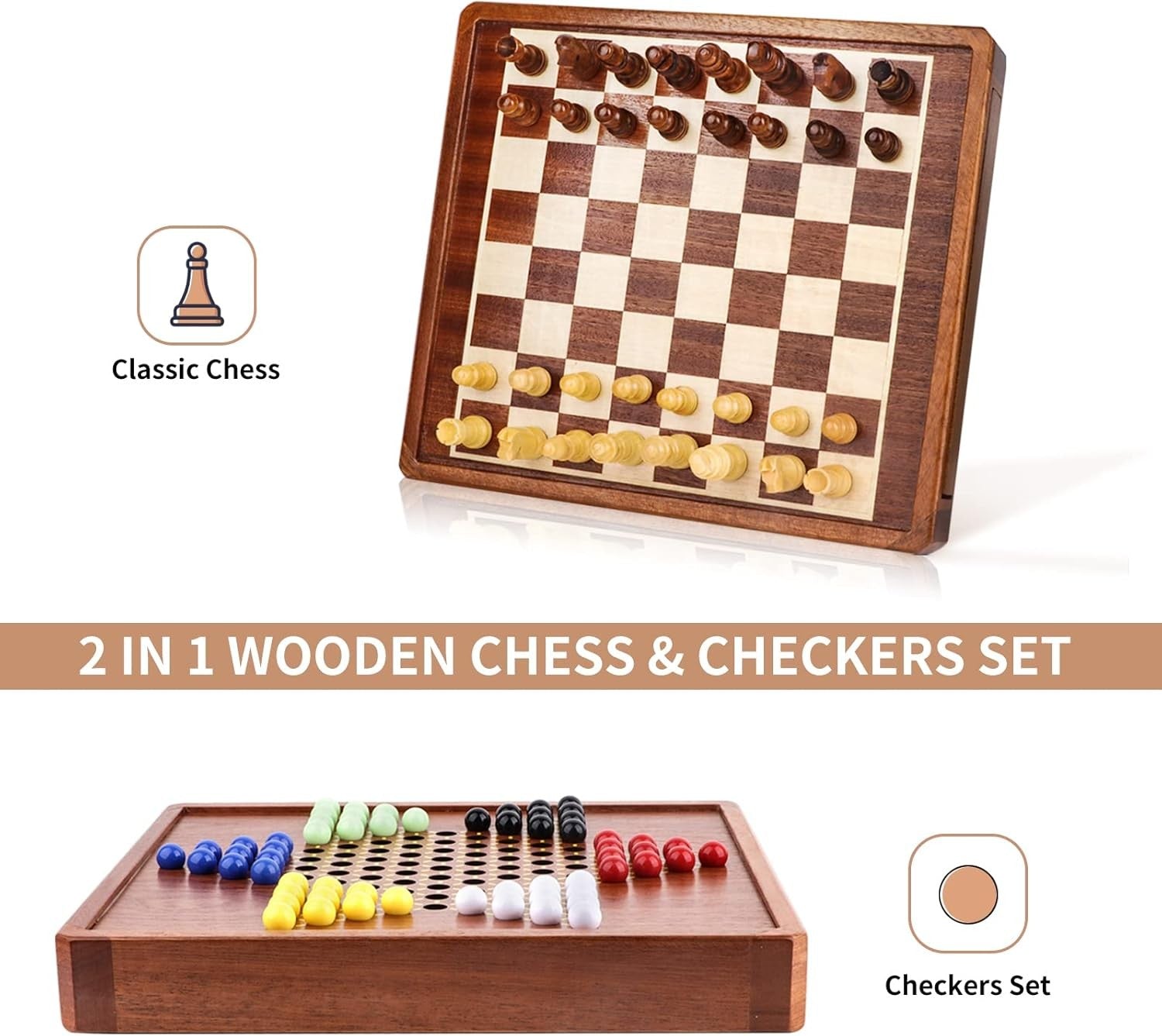 2-in-1 Wooden Magnetic Chess & Chinese Checkers Set with Storage Drawer