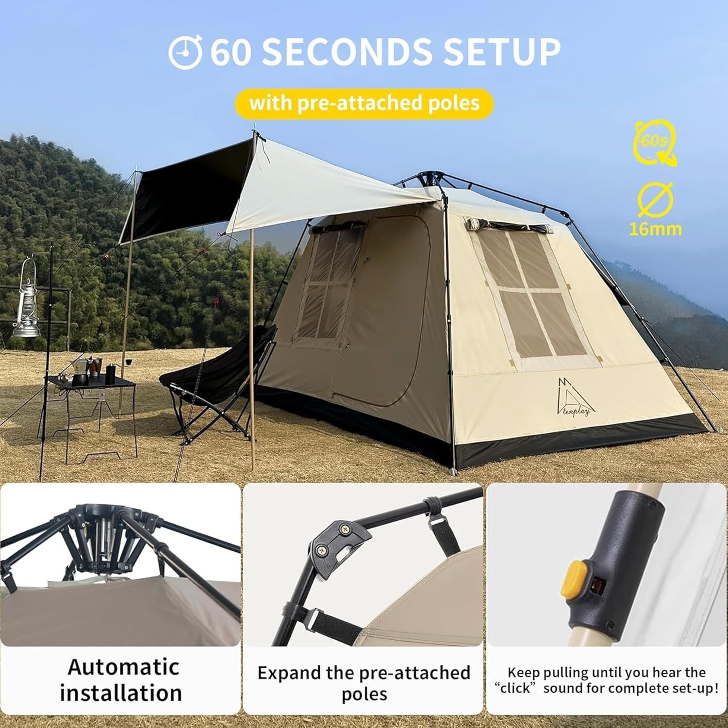 Beige/Black 2-4 Person Instant Cabin Family Camping Tent – Waterproof & Spacious